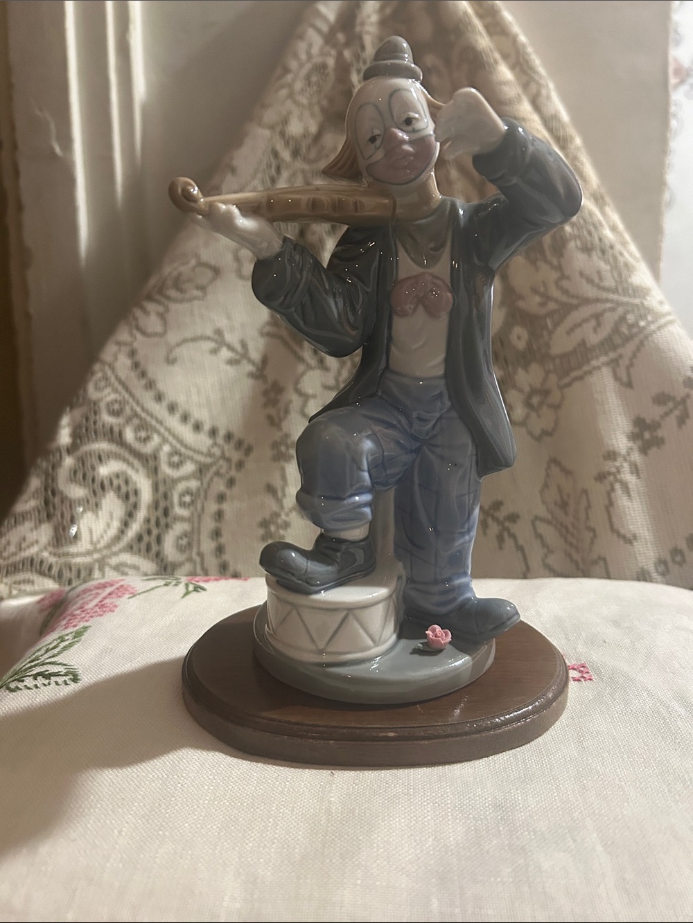Porcelain Clown Figurine Playing Flute with Drum Base - Gray & Blue